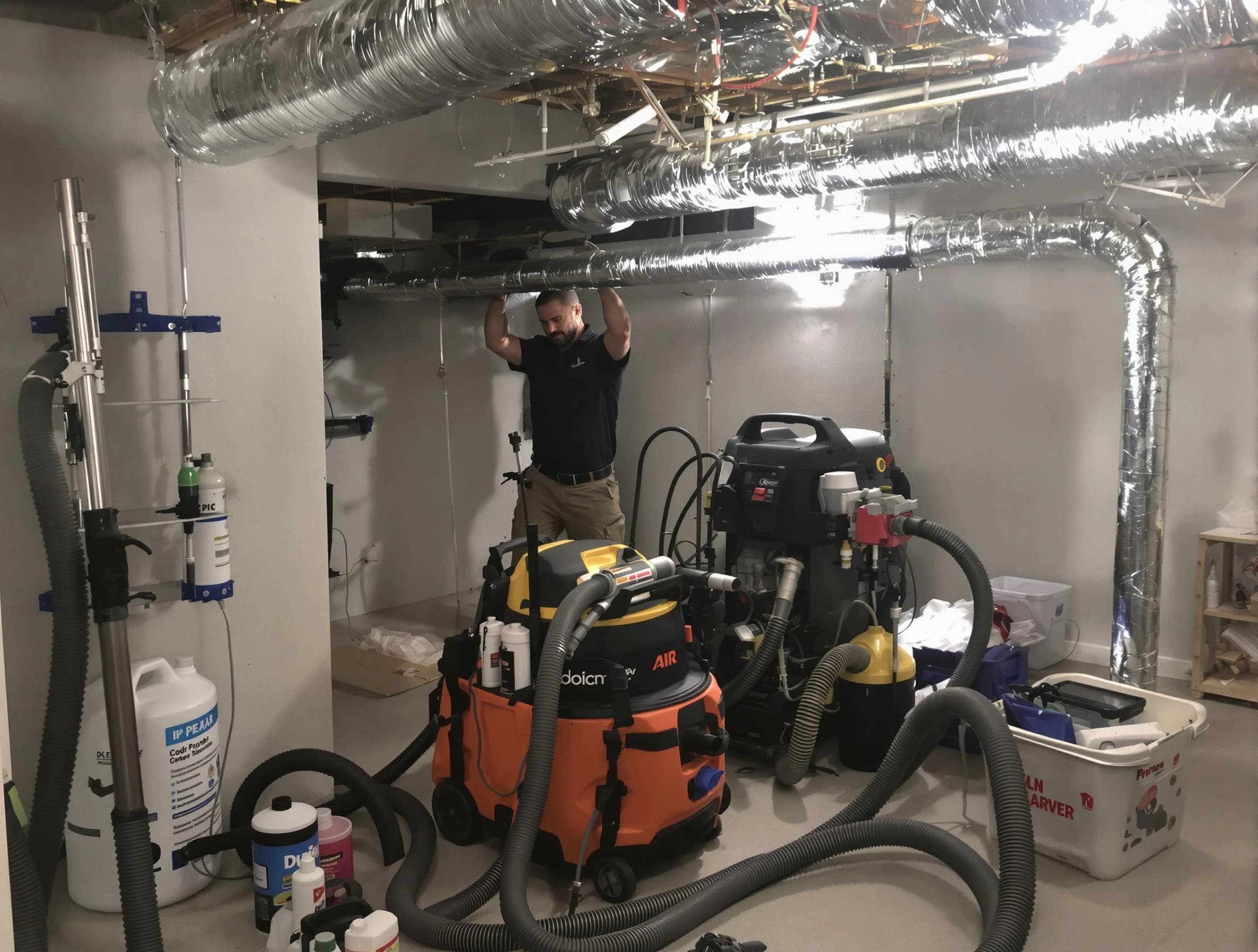 Centerville Air Duct Cleaning specialist performing professional mold removal from air ducts using safety equipment in Centerville